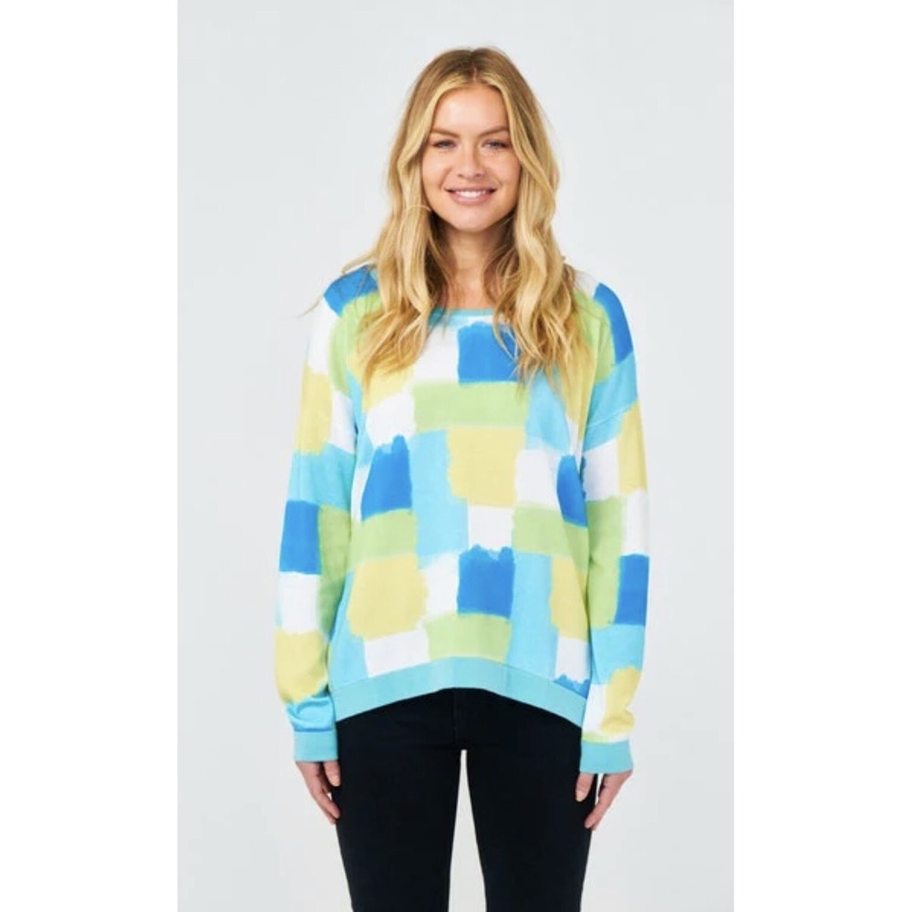 Edinburgh Knitwear Pima‎ Cotton abstract print Knit Crew Sweater blue green M